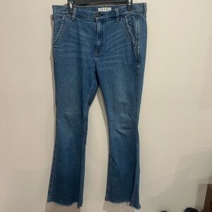 Free People Womens Flare Blue Jeans Raw Hem High Rise Flap Pockets Size 31x31